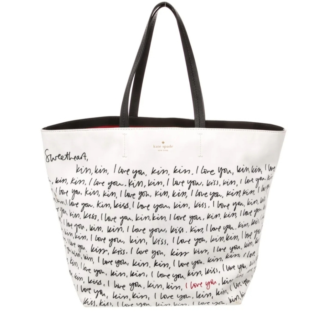 kate spade RARE tore White Script Print with Black Handles